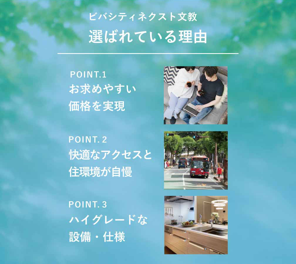 ビバシティネクスト文教 選ばれている理由 POINT.1 お求めやすい価格を実現 POINT.2 快適なアクセスと住環境が自慢 POINT.3 ハイグレードな設備・仕様